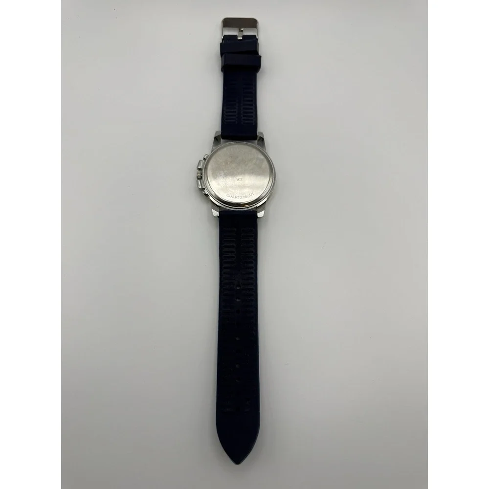 Men's Watch Chronograph Style Blue Rubber Strap Silver Gold Tone Quartz New